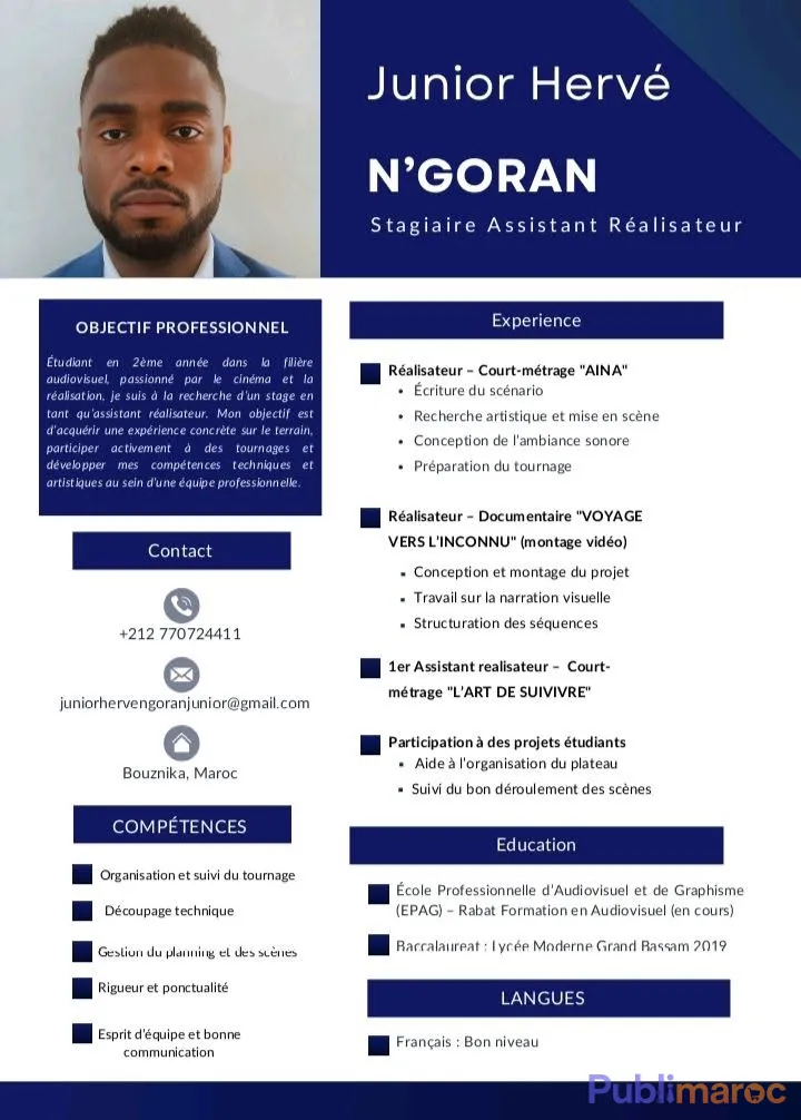 Recherche de stage / Opportunité – Assistant Réalisateur & Casting (Maroc)